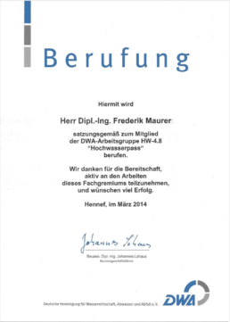 Appointment Frederik Maurer DWA Working Group Flood Passport