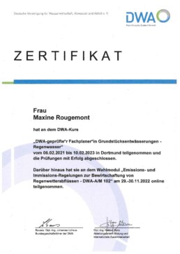 Zertifikat Maxine Rougemont Fachplanerin für Entwässerungsplanung und rundstücksentwässerung