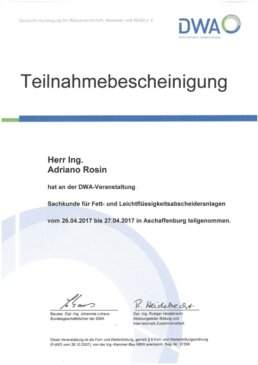 Adriano Rosin, Certificate of Expertise Grease and Light Liquid Separator Systems