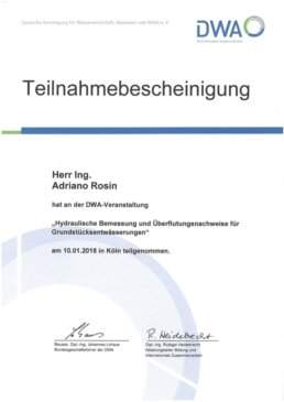 Adriano Rosin, Zertifikat Hydraulische Bemessung und Überflutungsnachweis für Grundstücksentwässerungen