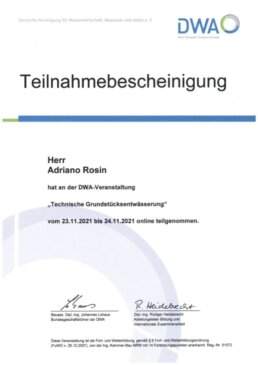 Adriano Rosin, Zertifikat Technische Grundstücksentwässerung